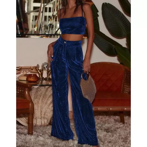 imagechouyatou Womens Velvet Wide Leg Dress Pants High Elastic Waist Business Casual Palazzo Pants with PocketsBlue