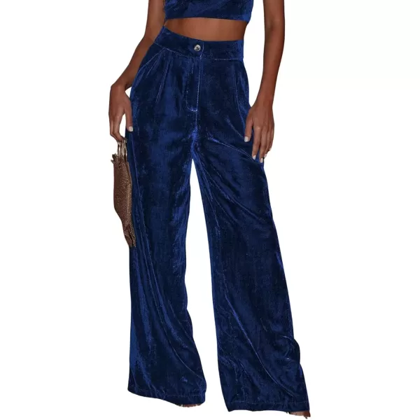 imagechouyatou Womens Velvet Wide Leg Dress Pants High Elastic Waist Business Casual Palazzo Pants with PocketsBlue