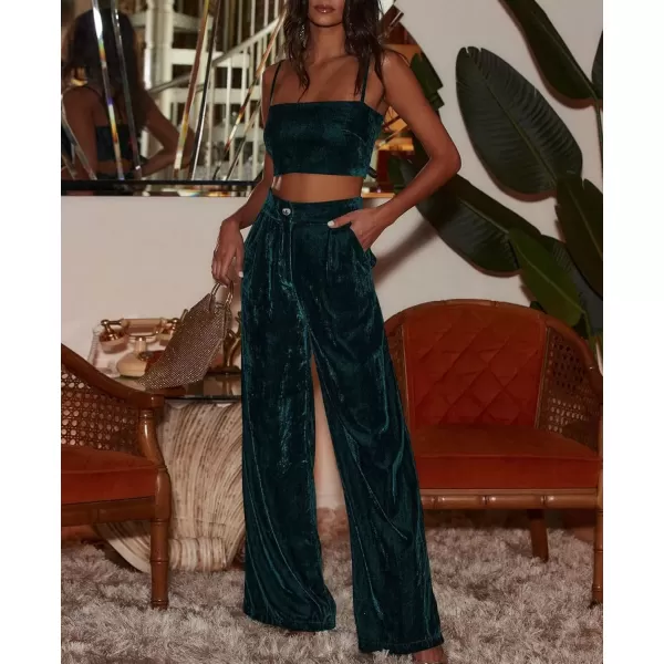 imagechouyatou Womens Velvet Wide Leg Dress Pants High Elastic Waist Business Casual Palazzo Pants with PocketsDark Green