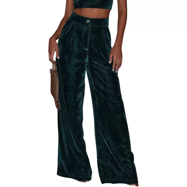 imagechouyatou Womens Velvet Wide Leg Dress Pants High Elastic Waist Business Casual Palazzo Pants with PocketsDark Green