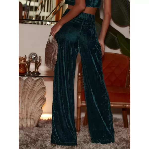 imagechouyatou Womens Velvet Wide Leg Dress Pants High Elastic Waist Business Casual Palazzo Pants with PocketsDark Green