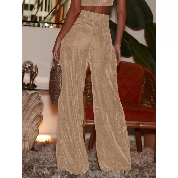 imagechouyatou Womens Velvet Wide Leg Dress Pants High Elastic Waist Business Casual Palazzo Pants with PocketsKhkai
