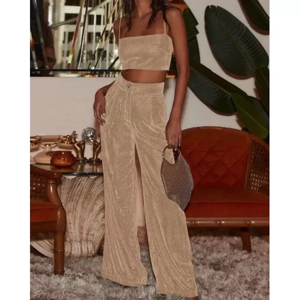 imagechouyatou Womens Velvet Wide Leg Dress Pants High Elastic Waist Business Casual Palazzo Pants with PocketsKhkai