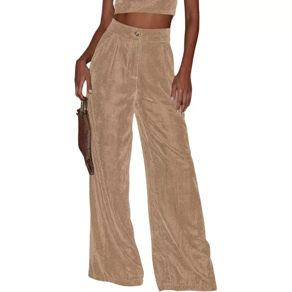 imagechouyatou Womens Velvet Wide Leg Dress Pants High Elastic Waist Business Casual Palazzo Pants with PocketsKhkai