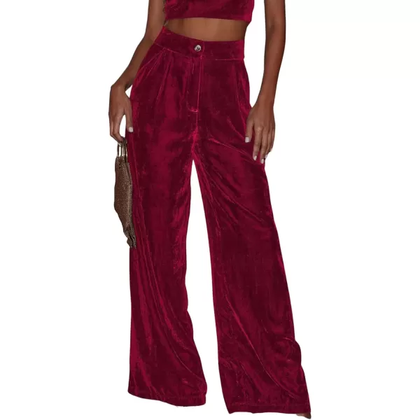 imagechouyatou Womens Velvet Wide Leg Dress Pants High Elastic Waist Business Casual Palazzo Pants with PocketsWine Red