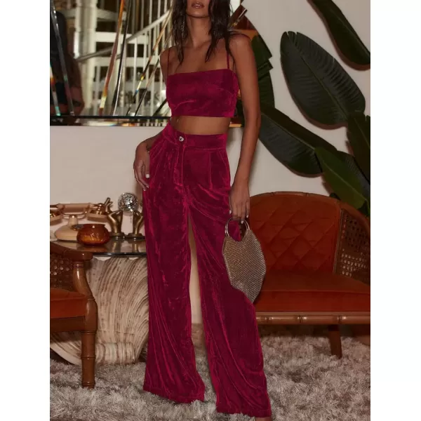 imagechouyatou Womens Velvet Wide Leg Dress Pants High Elastic Waist Business Casual Palazzo Pants with PocketsWine Red