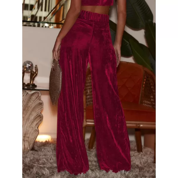 imagechouyatou Womens Velvet Wide Leg Dress Pants High Elastic Waist Business Casual Palazzo Pants with PocketsWine Red