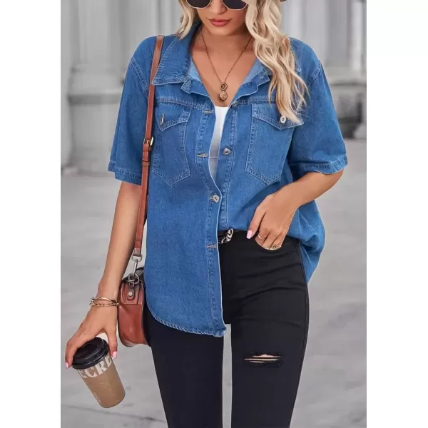 imagechouyatou Womens Vintage Button Up Denim Shirt Summer Casual Short Sleeve Jean Shirt Blouse TopsBlue