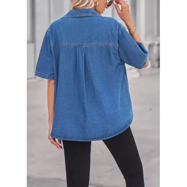 imagechouyatou Womens Vintage Button Up Denim Shirt Summer Casual Short Sleeve Jean Shirt Blouse TopsBlue