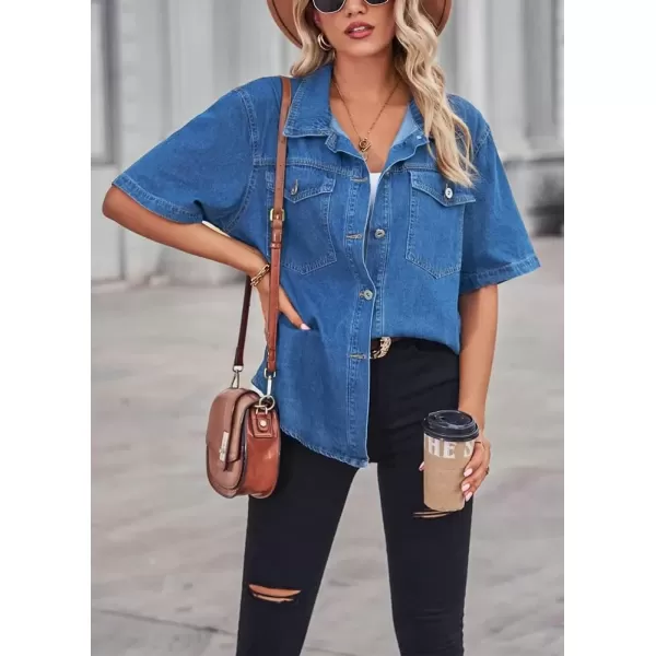 imagechouyatou Womens Vintage Button Up Denim Shirt Summer Casual Short Sleeve Jean Shirt Blouse TopsBlue