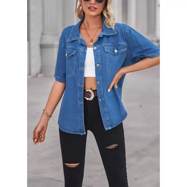 imagechouyatou Womens Vintage Button Up Denim Shirt Summer Casual Short Sleeve Jean Shirt Blouse TopsBlue