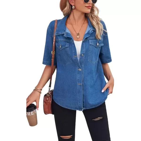 imagechouyatou Womens Vintage Button Up Denim Shirt Summer Casual Short Sleeve Jean Shirt Blouse TopsBlue