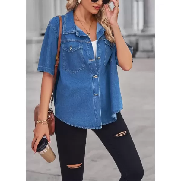 imagechouyatou Womens Vintage Button Up Denim Shirt Summer Casual Short Sleeve Jean Shirt Blouse TopsBlue