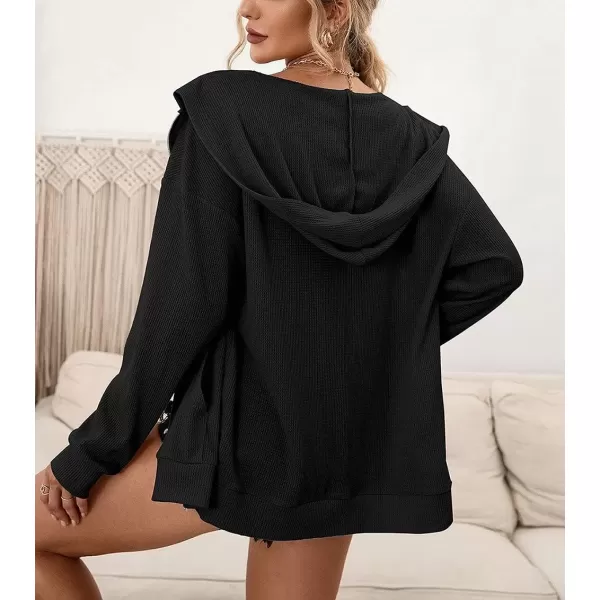 imagechouyatou Womens Waffle Knit Long Sleeve Zip Up Hooded Sweatshirt Hoodies with PocketsBlack