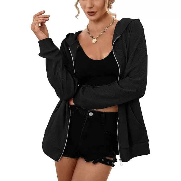 imagechouyatou Womens Waffle Knit Long Sleeve Zip Up Hooded Sweatshirt Hoodies with PocketsBlack