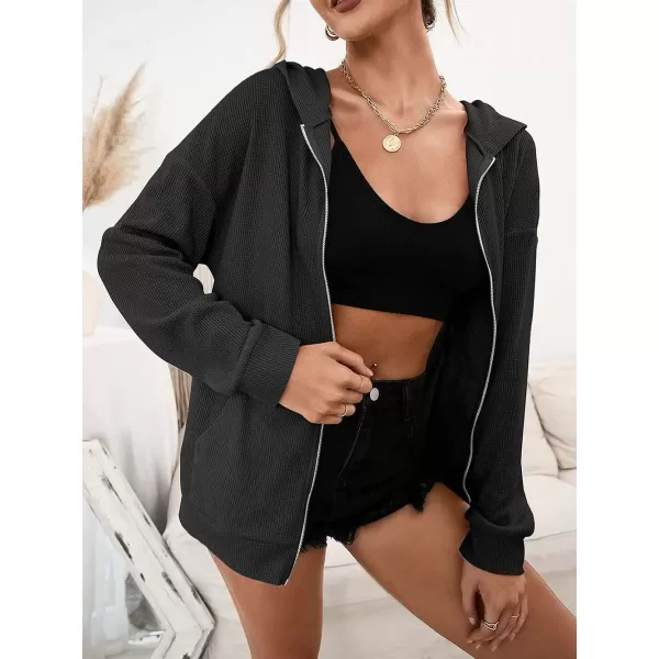 imagechouyatou Womens Waffle Knit Long Sleeve Zip Up Hooded Sweatshirt Hoodies with PocketsBlack
