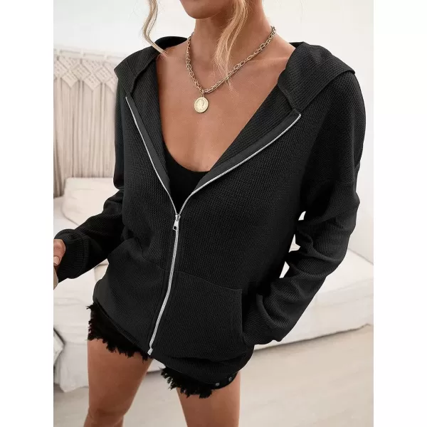 imagechouyatou Womens Waffle Knit Long Sleeve Zip Up Hooded Sweatshirt Hoodies with PocketsBlack