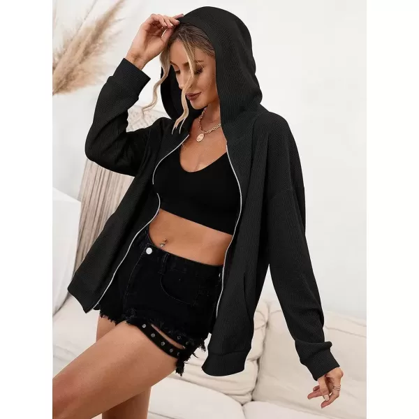 imagechouyatou Womens Waffle Knit Long Sleeve Zip Up Hooded Sweatshirt Hoodies with PocketsBlack