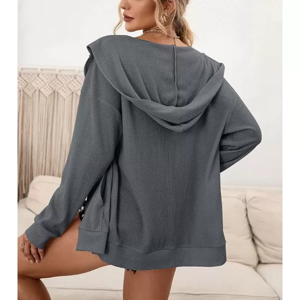 imagechouyatou Womens Waffle Knit Long Sleeve Zip Up Hooded Sweatshirt Hoodies with PocketsDark Gray