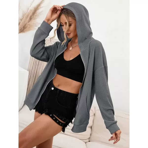 imagechouyatou Womens Waffle Knit Long Sleeve Zip Up Hooded Sweatshirt Hoodies with PocketsDark Gray