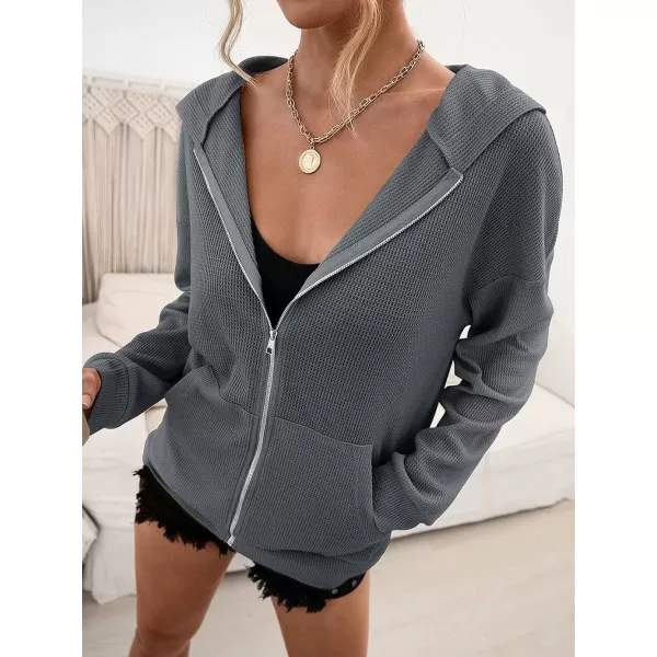 imagechouyatou Womens Waffle Knit Long Sleeve Zip Up Hooded Sweatshirt Hoodies with PocketsDark Gray