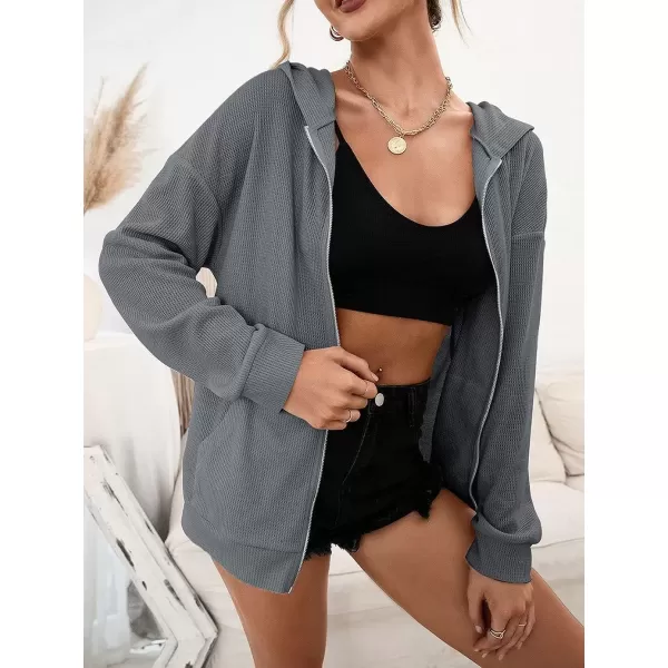 imagechouyatou Womens Waffle Knit Long Sleeve Zip Up Hooded Sweatshirt Hoodies with PocketsDark Gray