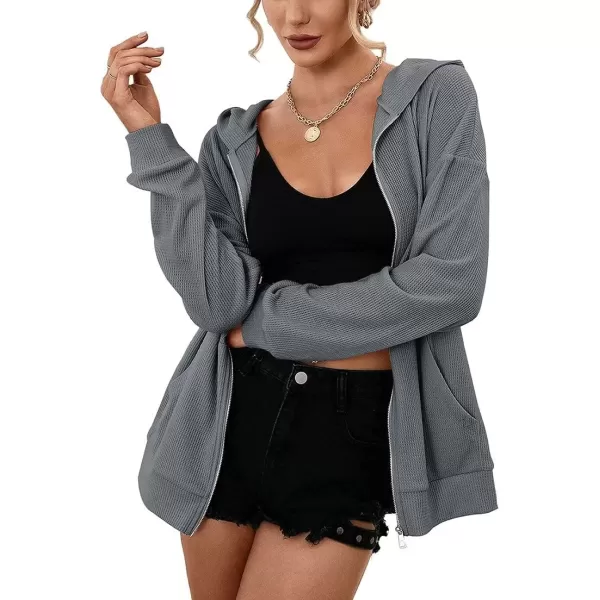 imagechouyatou Womens Waffle Knit Long Sleeve Zip Up Hooded Sweatshirt Hoodies with PocketsDark Gray