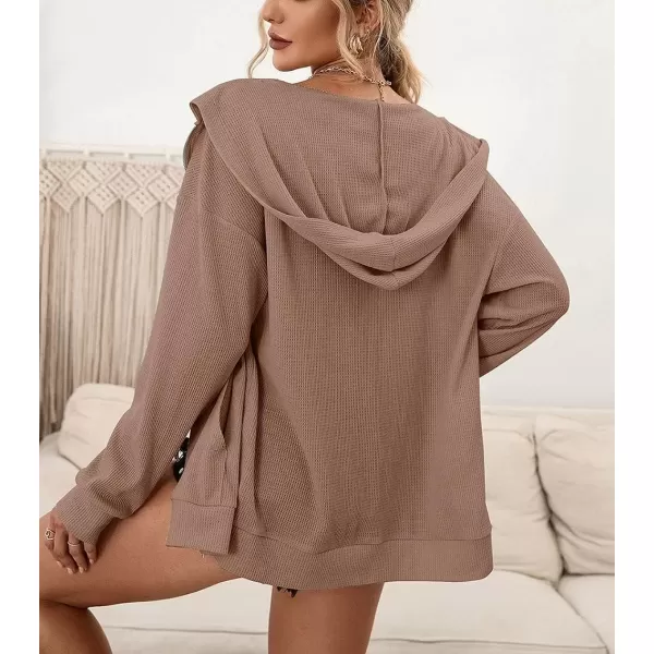 imagechouyatou Womens Waffle Knit Long Sleeve Zip Up Hooded Sweatshirt Hoodies with PocketsKhaki