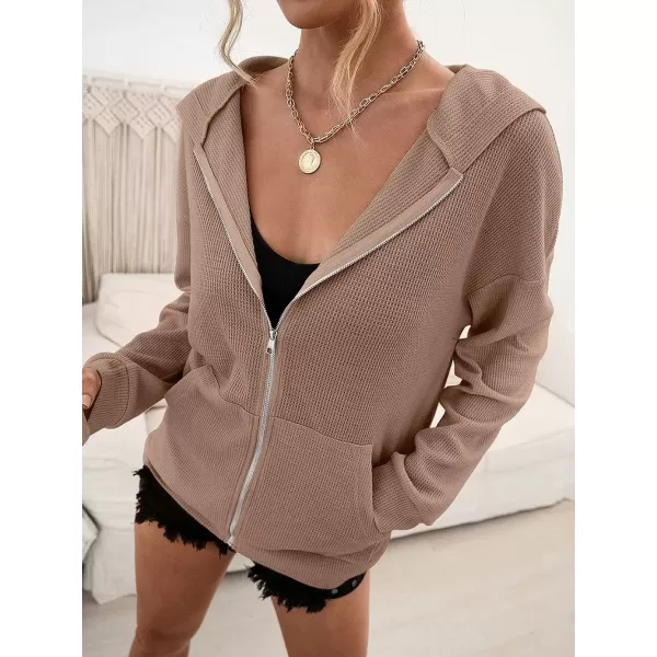 imagechouyatou Womens Waffle Knit Long Sleeve Zip Up Hooded Sweatshirt Hoodies with PocketsKhaki