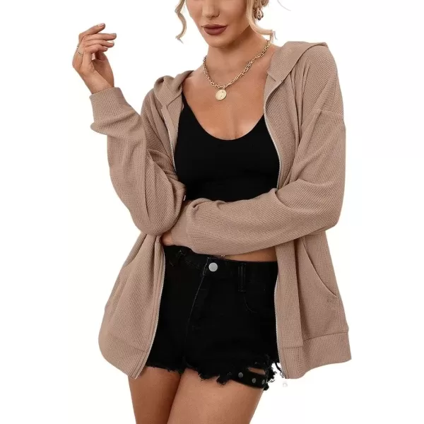 imagechouyatou Womens Waffle Knit Long Sleeve Zip Up Hooded Sweatshirt Hoodies with PocketsKhaki