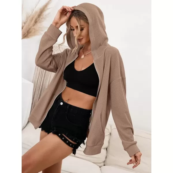 imagechouyatou Womens Waffle Knit Long Sleeve Zip Up Hooded Sweatshirt Hoodies with PocketsKhaki