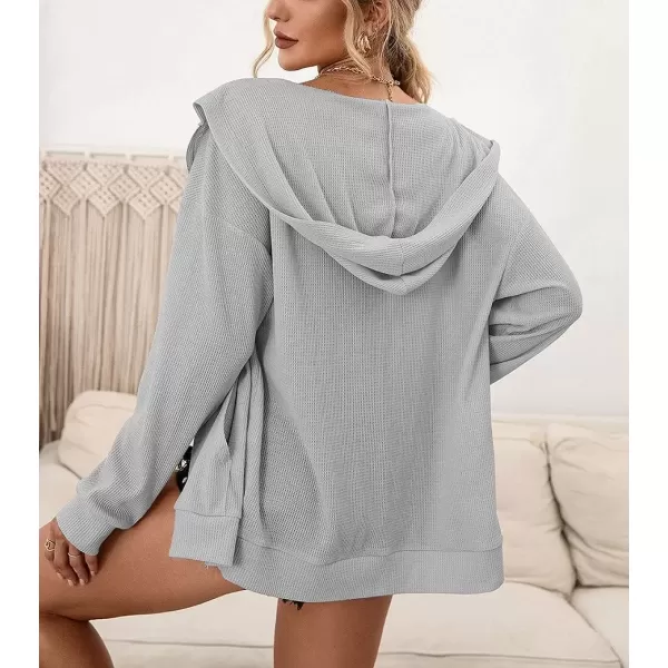 imagechouyatou Womens Waffle Knit Long Sleeve Zip Up Hooded Sweatshirt Hoodies with PocketsLight Gray