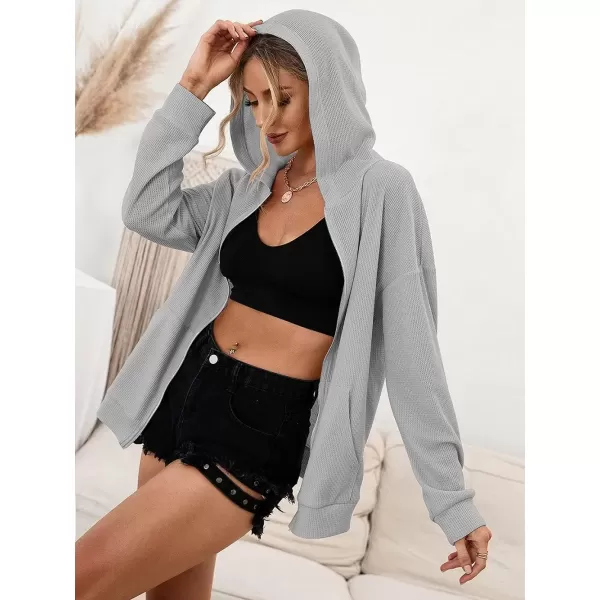 imagechouyatou Womens Waffle Knit Long Sleeve Zip Up Hooded Sweatshirt Hoodies with PocketsLight Gray