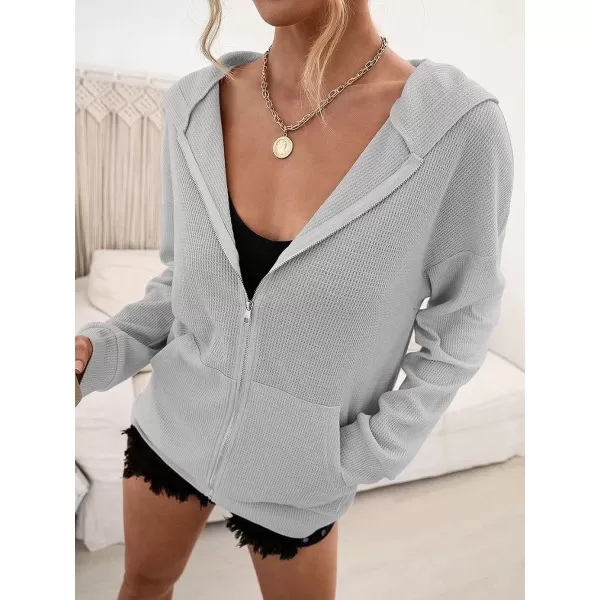 imagechouyatou Womens Waffle Knit Long Sleeve Zip Up Hooded Sweatshirt Hoodies with PocketsLight Gray