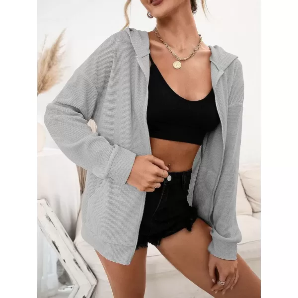 imagechouyatou Womens Waffle Knit Long Sleeve Zip Up Hooded Sweatshirt Hoodies with PocketsLight Gray