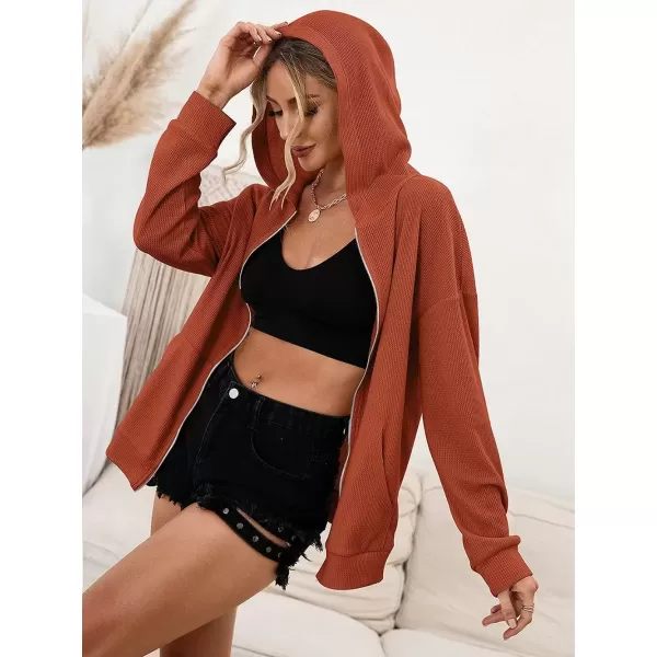 imagechouyatou Womens Waffle Knit Long Sleeve Zip Up Hooded Sweatshirt Hoodies with PocketsOrange