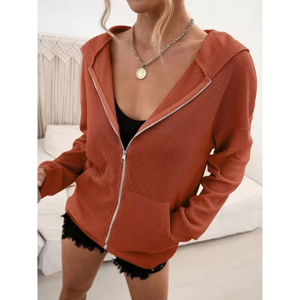 imagechouyatou Womens Waffle Knit Long Sleeve Zip Up Hooded Sweatshirt Hoodies with PocketsOrange