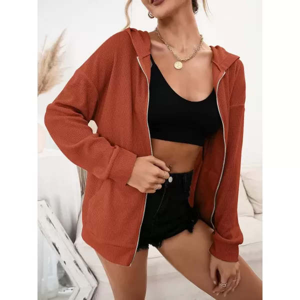 imagechouyatou Womens Waffle Knit Long Sleeve Zip Up Hooded Sweatshirt Hoodies with PocketsOrange