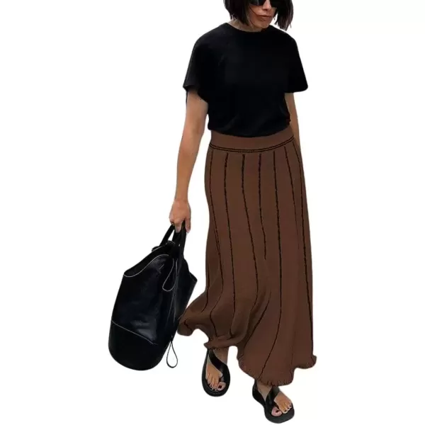 imagechouyatou Womens Winter Striped Knit Maxi Skirt Boho Fringe Hem Elastic Waist Pleated Swing Sweater Long SkirtBrown