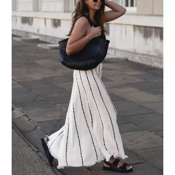 imagechouyatou Womens Winter Striped Knit Maxi Skirt Boho Fringe Hem Elastic Waist Pleated Swing Sweater Long SkirtWhite