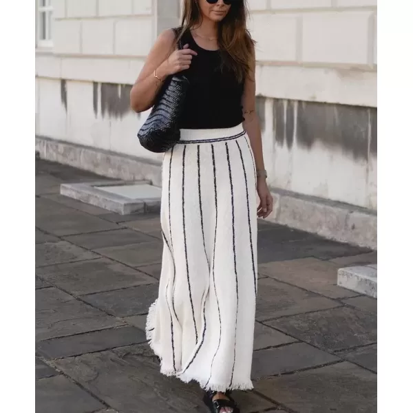 imagechouyatou Womens Winter Striped Knit Maxi Skirt Boho Fringe Hem Elastic Waist Pleated Swing Sweater Long SkirtWhite