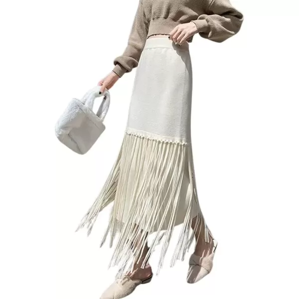 imagechouyatou Womens Winter Thick Knit Skirt Fringe Hem Package Hip Elastic Waist Knitted Midi Long SkirtBeige White