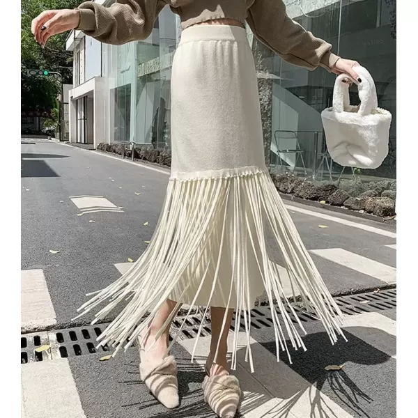 imagechouyatou Womens Winter Thick Knit Skirt Fringe Hem Package Hip Elastic Waist Knitted Midi Long SkirtBeige White