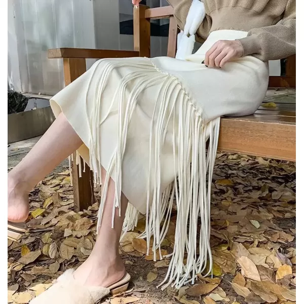 imagechouyatou Womens Winter Thick Knit Skirt Fringe Hem Package Hip Elastic Waist Knitted Midi Long SkirtBeige White