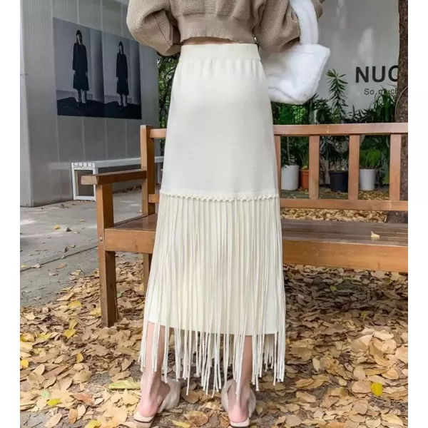 imagechouyatou Womens Winter Thick Knit Skirt Fringe Hem Package Hip Elastic Waist Knitted Midi Long SkirtBeige White