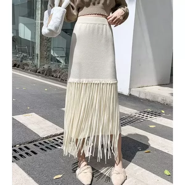 imagechouyatou Womens Winter Thick Knit Skirt Fringe Hem Package Hip Elastic Waist Knitted Midi Long SkirtBeige White