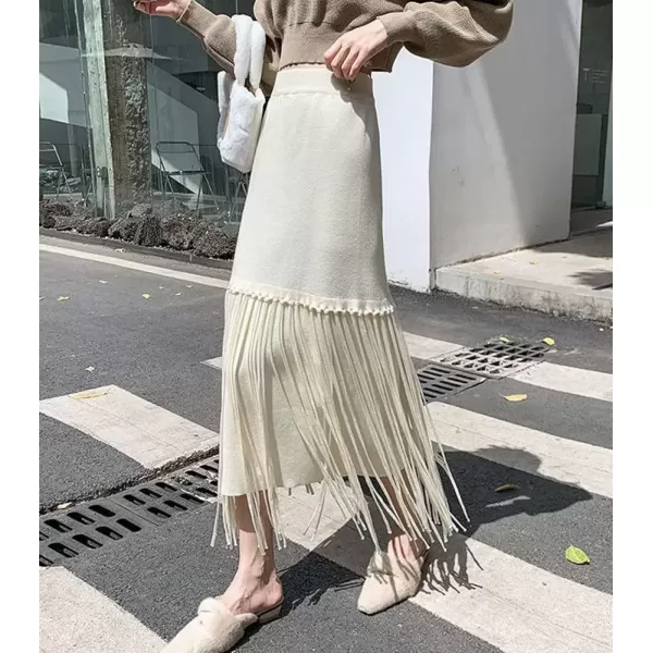 imagechouyatou Womens Winter Thick Knit Skirt Fringe Hem Package Hip Elastic Waist Knitted Midi Long SkirtBeige White