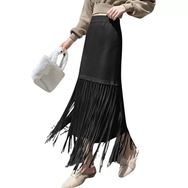 imagechouyatou Womens Winter Thick Knit Skirt Fringe Hem Package Hip Elastic Waist Knitted Midi Long SkirtBlack