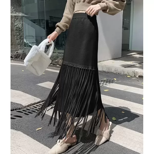imagechouyatou Womens Winter Thick Knit Skirt Fringe Hem Package Hip Elastic Waist Knitted Midi Long SkirtBlack