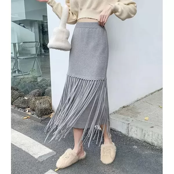 imagechouyatou Womens Winter Thick Knit Skirt Fringe Hem Package Hip Elastic Waist Knitted Midi Long SkirtGray